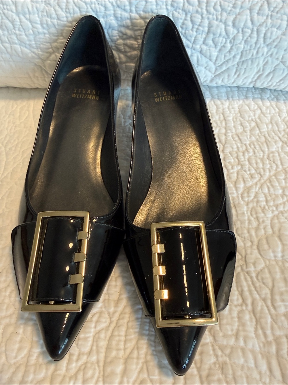 Stuart Weitzman Black Patent Pointed Kitten Heel with Gold Buckle Detail